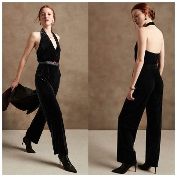 Banana Republic Womens Petite Velvet Halter Neck Jumpsuit 10P Black Party Chic - Picture 13 of 13